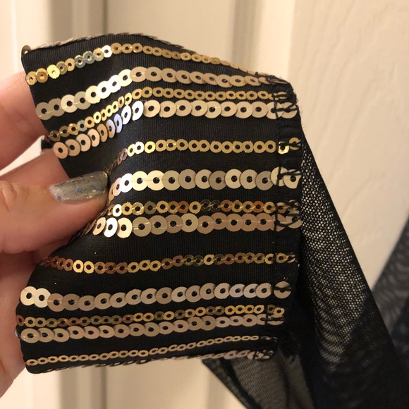 Black with Golden Sequencing Romper, Sheer Long Sleeves & Cold Shoulder - Picture 3 of 14